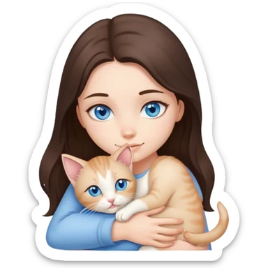 brunette girl with blue eyes hugs beige kitten  sticker