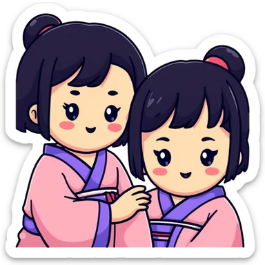 Two adorable Japanese girls with black hair and Asian features, their cheeks touching, kawaii style sticker