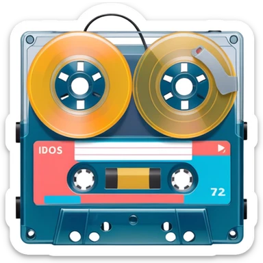 A colorful retro cassette tape with visible tape spools sticker