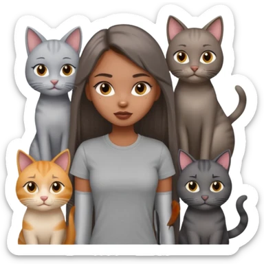 a pretty bratz dusky girl with long straight hair with four cats nd wearing a grey tshirt sticker
