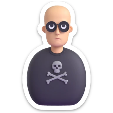 man with oval-shaped flat-top head wearing a black shirt with a gray skull on the front sticker