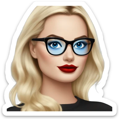 Real Margot Robbie, bright blue eyes and winged eye liner, red kisses, wearing black glasses  sticker