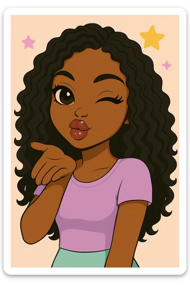 Headshot of a 20-year-old anime Bratz style woman with dark skin, curly hair, winking and blowing a kiss, cute pastel Y2K look, big expressive eyes, glossy lips, happy expression, no hat, no tears. sticker