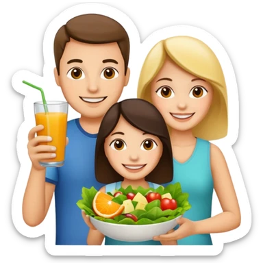 family holding salad and orange juice sticker