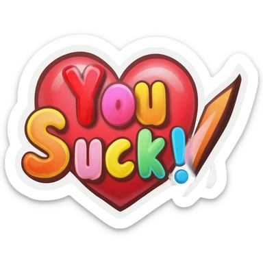 Hand-drawn motivational quote sticker: “You Suck!” with a red heart ❤️, in lots of bright colors sticker