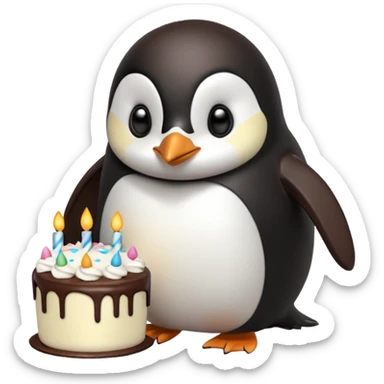 A penguin standing near a cake, feeling shy from a surprise celebration, portrait, bust up sticker