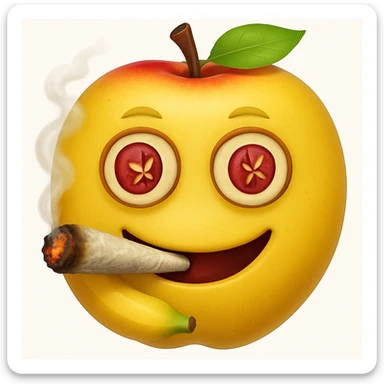 Add a cartoon joint with smoke to the smiley face made of apples as eyes and a banana as the mouth. Make it look like the face is smoking weed, keep the emoji style. sticker