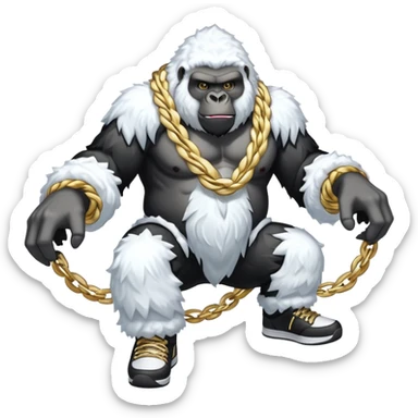 Snow elemental shaped more like a gorilla—think tall, jointed limbs, maybe even facial expressions made of snow flaunting money wearing gold rope chain with jacket and Jordan sneakers sticker