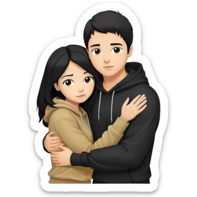 Joven de pelo negro corto y piel morena con poleron negro abrazando por detrás a una joven de pelo negro largo con partidura al medio, de piel blanca con sus manos en los brazos del joven aceptando su abrazo sticker