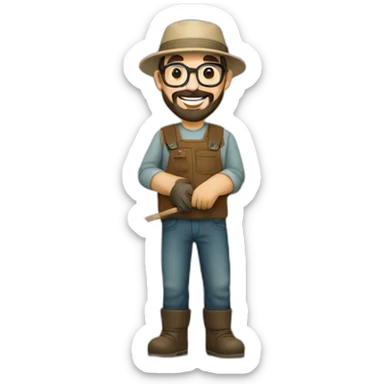 happy gardener man short dark hair beard rounded glasses with hat sticker