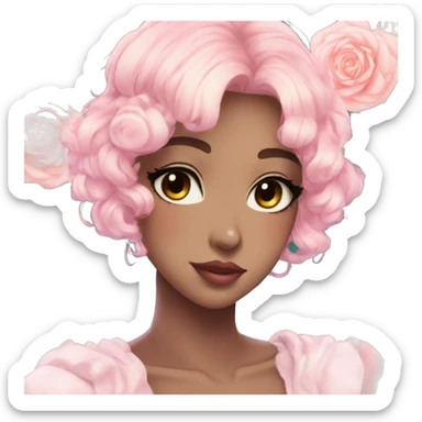 Gorgeous pastel anime style lady with blushing face and roses leaves glitter sparkle aesthetic trending style sticker