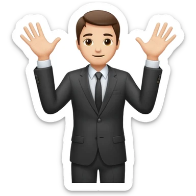 Sticker of a man in a business suit, front view, both arms extended straight in front of his body at chest level, elbows slightly bent, palms facing inward as if holding an invisible box, friendly expression, clean cartoon style, bold outlines, minimal background, emoji sticker style sticker