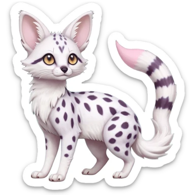 White Albino pastel light whitish grey-spotted Serval-Civet-Genet-Trico-Furret-Linoone-Noibat-Espeon-Fakémon-Pokémon-animal-hybrid-fusion-creature (full body) with vibrant glowing eyes, cute, elegant, soft, realistic, pastel fur sticker