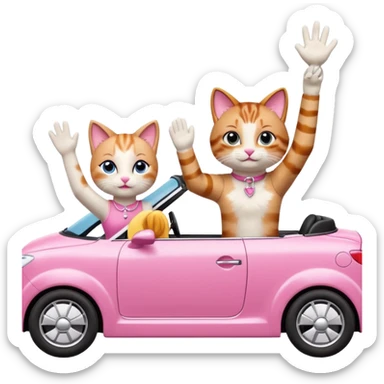Barbie and Ken as cats waving from a pink convertible car sticker