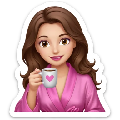 girl with long wavy brown hair, brown eyes, long lashes makeup, sexy pink lips, light to medium complexion, wearing a pink sexy silk top, smiling in a cozy pink robe drinking coffee sticker