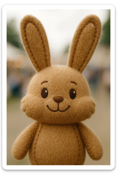 plush portrait of a happy bunny with long ears, fluffy cheeks, and a sweet face sticker