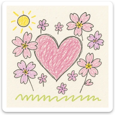 pink heart with sakura flowers, children doodle style sticker