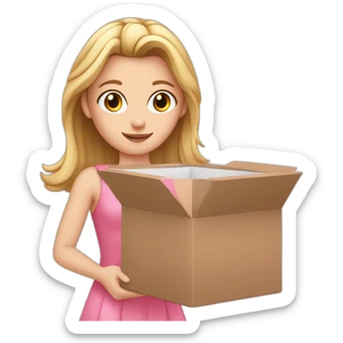 white girl in a pink dress gives a box sticker