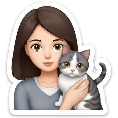 Dark brown hair girl holding a British short hair Calico cat. sticker
