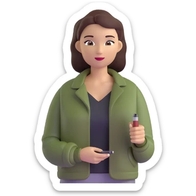 woman wearing dark olive green jacket over a lighter green top sticker