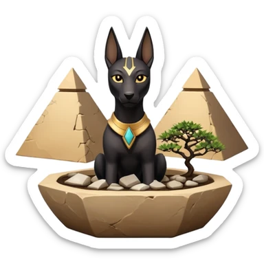  Esthetically Therapeutic silky black-haired tiny statuette young miniature Anubis pyramid scene stone-age cracked irregular dodecagon bonsai pot  sticker