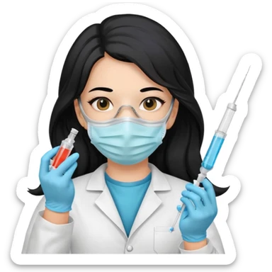 laboratorista con guantes  y mascarilla jeringa tubos  pelo negro largo triguella sticker