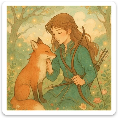 archer and fox together, romantic whimsical fairytale style, soft colors, magical atmosphere, inspired by 'Once Upon a Broken Heart' sticker