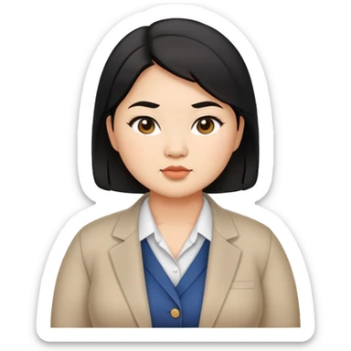 chubby asian waman round eyebrow medium black hair wear business casual sticker