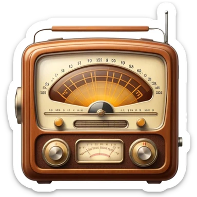 A photorealistic icon featuring an old-fashioned radio with a vintage dial, radio waves emanating from it, and a warm, glowing light. The design includes detailed textures, soft lighting, and nostalgic elements, symbolizing the love for radio broadcasting and music. Transparent background. sticker