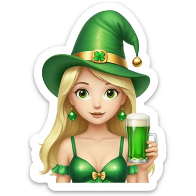 Blonde haired girl in glittery green bell bottoms and tall leprechaun hat holding a green beer sticker