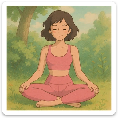 woman sitting cross legged in a pink workout set, ghibli-inspired, gentle lighting sticker