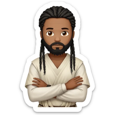 African American man with shoulder length black dreadlocks with black beard wearing a white blood stained white tunic with arms folded together across chest sticker