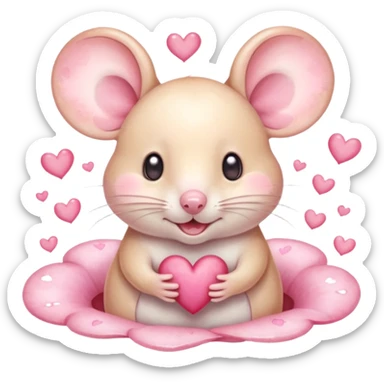 This is a cute watercolor illustration of a small, cream cartoon mouse with large, round, pink-lined ears. The mouse has heart eyes, a small open mouth, and is surrounded by floating pink hearts, conveying a feeling of love, adoration, or strong affection. sticker