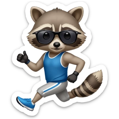 friendly anthropomorphised raccoon in sports wear, wearing dark sunglasses, jogging upright, mafia style sticker