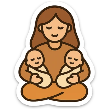 mother sitting holding two babies on lap, vector-style expressive detailed illustration, simple lines, shadows and highlights, warm beige and brown tones, smooth hair, gentle loving mood, elegant style sticker