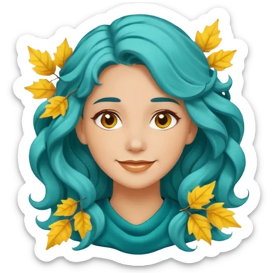 A woman with wavy teal hair decorated with yellow leaves, looking forward with a gentle smile. sticker