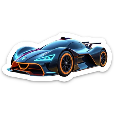A futuristic racing car with glowing neon lights, sleek aerodynamic design, and a cyberpunk cityscape in the background. The car is speeding through a neon-lit street with high-tech buildings and holograms." sticker
