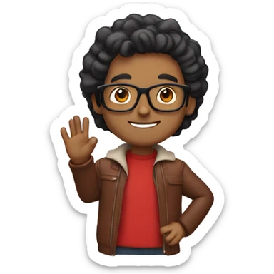 brown man, wearing glasses, small ear ring in the left ear, a little smile and a red jacket, doing a wave with his right hand sticker