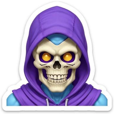 Skeletor, classic cartoon villain, grinning skull face, purple hood, blue muscular body sticker
