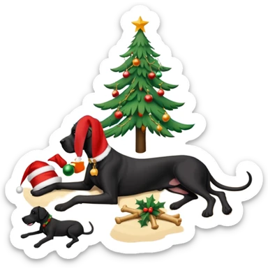 Black (no white) cropped Great Dane laying on a tropical beach with a Christmas tree and dog bones under the tree sticker