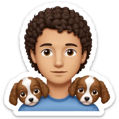 young man with dark brown curly hair, deep set eyes with two York puppies sticker