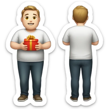 overweight man with gift sticker