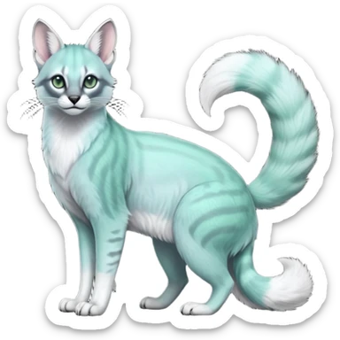 Colorful dark realistic iridescent pale light jade-green, mint-blue, whitish pastel white glorious divine exotic cute cool beautiful shiny beautiful fantasy-caracal-civet-genet-sergal-vernid-Cacomistle-Trico-oncilla-animal-Fakémon-hybrid-fursona (full body) sticker