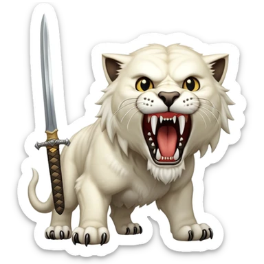 saber-toothed cat with absurdly long, sword-like canine teeth that are longer than its entire head, comically exaggerated fangs sticker
