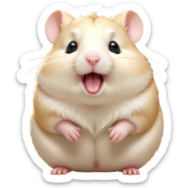 Cinematic Cute Yawning Cream Hamster Portrait Emoji, Head tilted slightly with a dramatic, wide-open yawn, showcasing a soft, pristine cream coat with tiny droopy ears, round dark eyes barely open in drowsy contentment, Simplified yet irresistibly adorable features, highly detailed, glowing with a soft, cozy glow, high shine, relaxed yet expressive, stylized with a touch of whimsy, bright and endearing, soft glowing outline, capturing the essence of a sleepy yet affectionate hamster, so drowsy it feels like it could stretch out of the screen and curl up for a nap! sticker