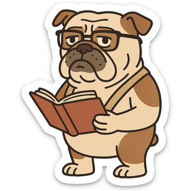 English bulldog guide wearing glasses holding a book cartoon character sticker