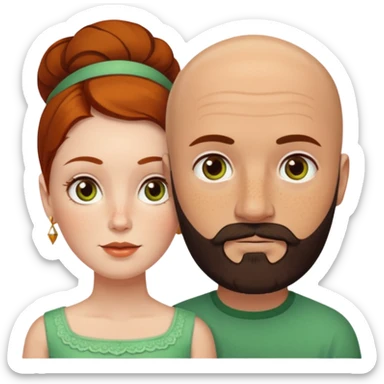 Couple. Bald man with dark brown-black beard. White woman with many small, faded freckles, she has white skin and she has auburn-yellow-brown-cinnamon, dark hair. She has light orange-brown eyes. The man have hazel eyes. They like green. Retro style. sticker