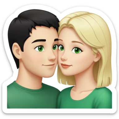 Smiling kissing couple of boy with short black hair and green eyes and blonde girl with long hair sticker