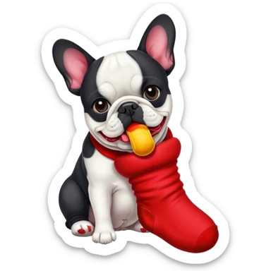 Black and white Bouledogue français eating a red sock  sticker