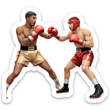 An icon showing two professional boxers in the middle of an intense fight in the ring. They are wearing gloves and protective gear, with one boxer throwing a punch while the other dodges. The background features bright lights, a cheering crowd, and the ropes of the boxing ring. sticker